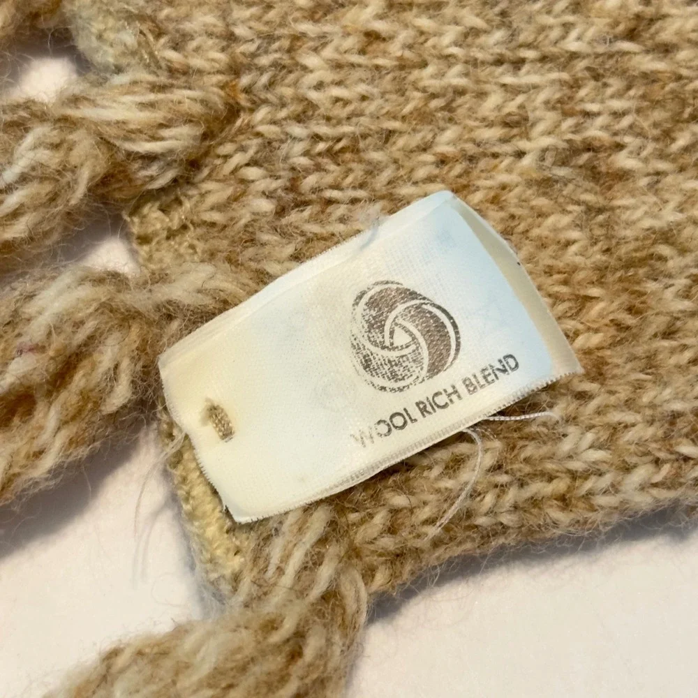 Vintage Ragg Wool Fair Isle Scarf Oatmeal Tan Heavy Knit Fringe RN 55499 OSFA